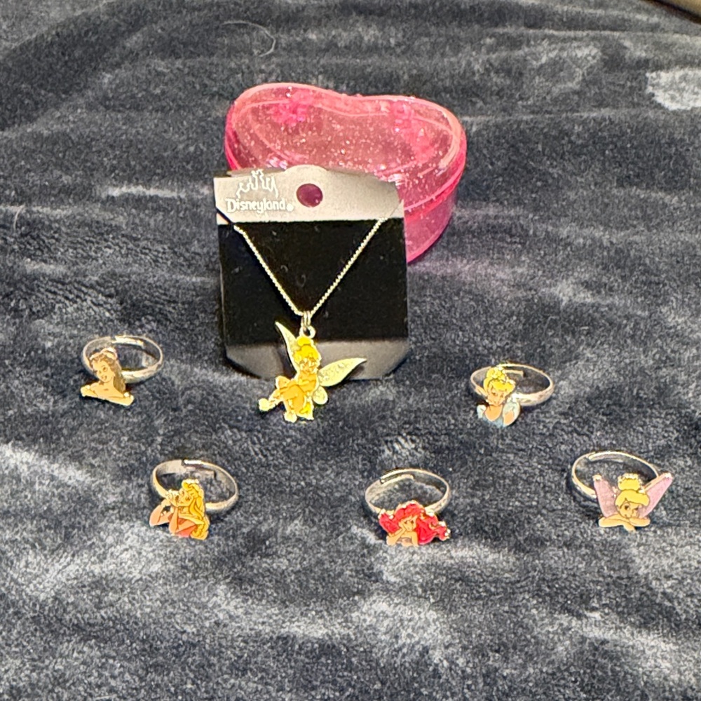 Disney Tinker Bell Gold-Tone Pendant Necklace and Character Rings Set